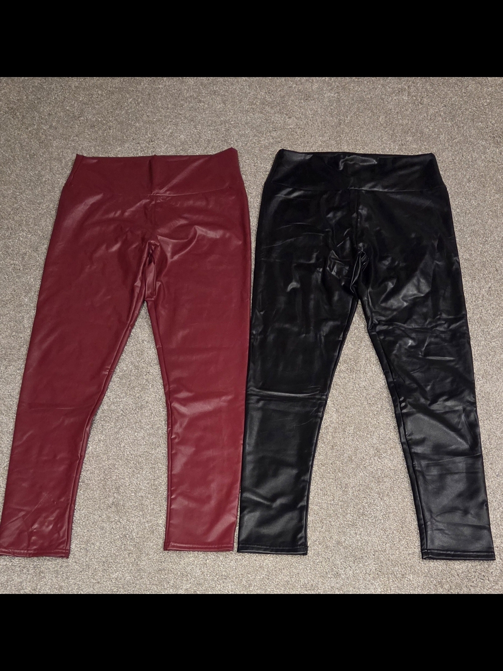 2 Pair Ladies Faux Leather Leggings - Black and Burgundy